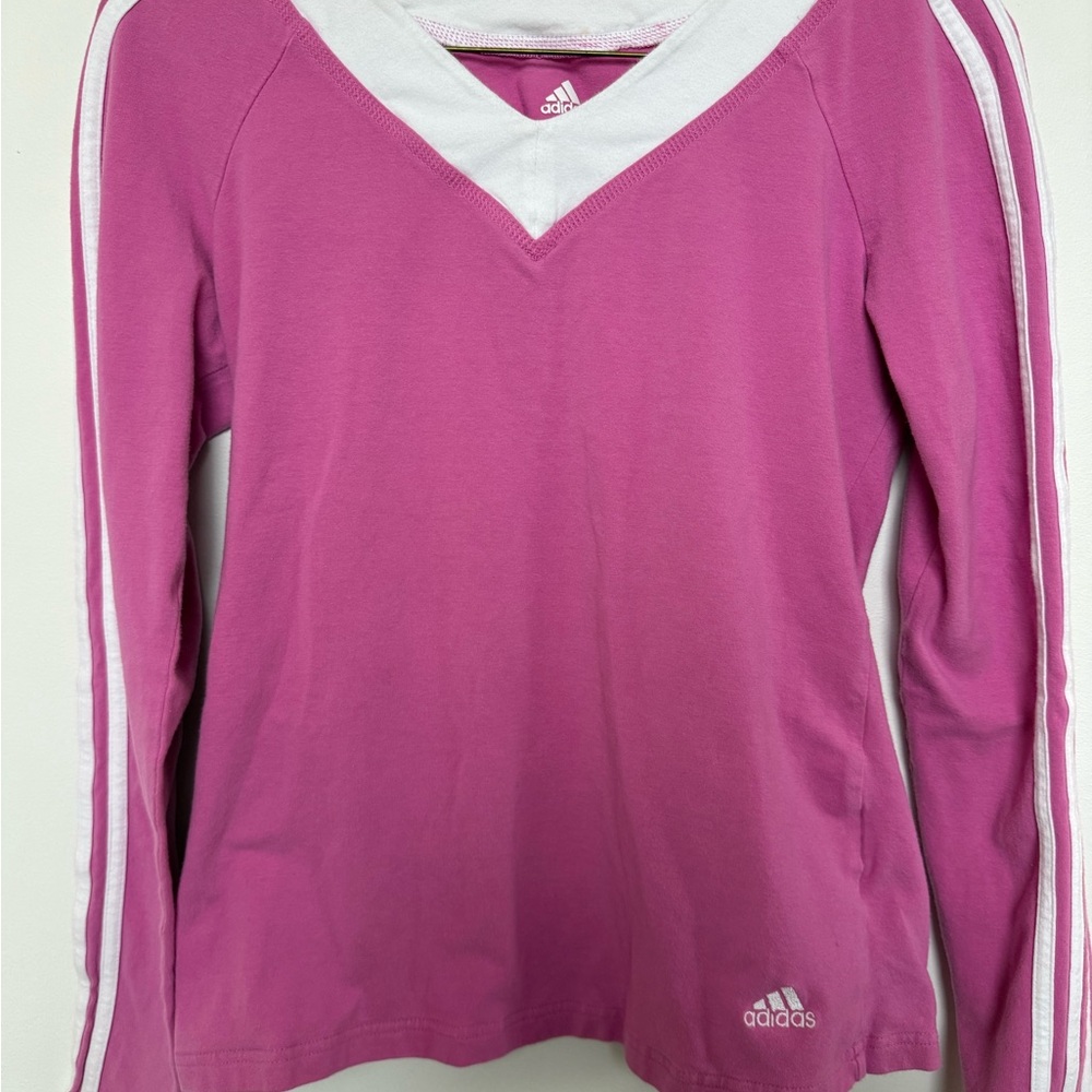 adidas Women's Magenta V-Neck Long Sleeve Athletic Top with White Trim